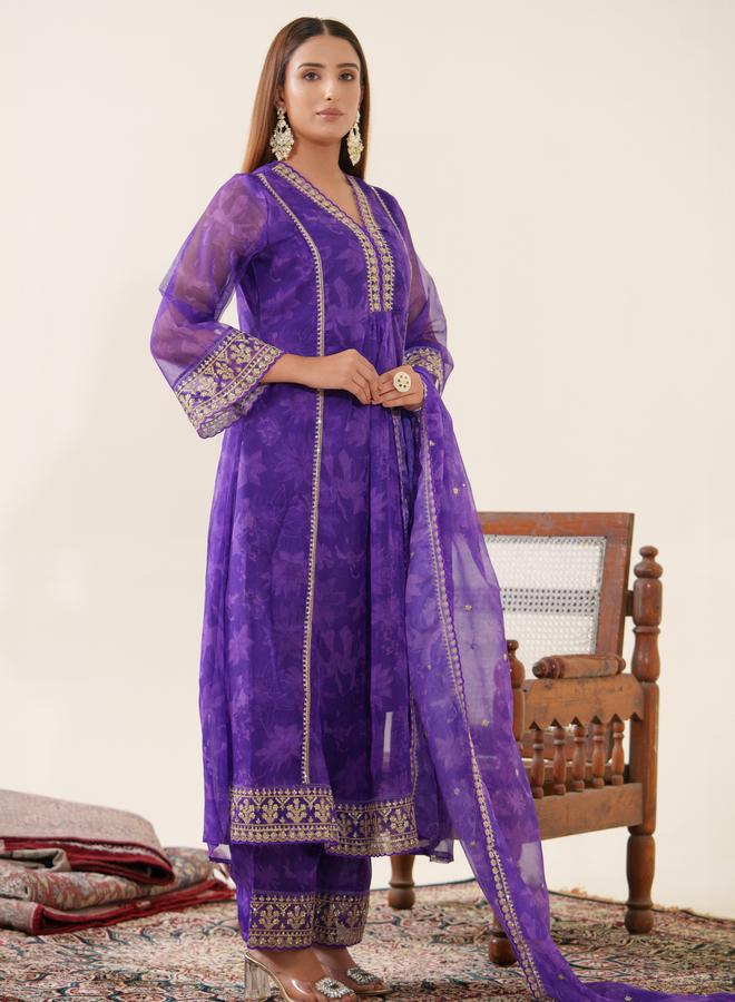 دي دبليو طقم كورتا أورجانزا مطرزة بالأزهار مع بنطال ودوباتا للنساء - Image 1